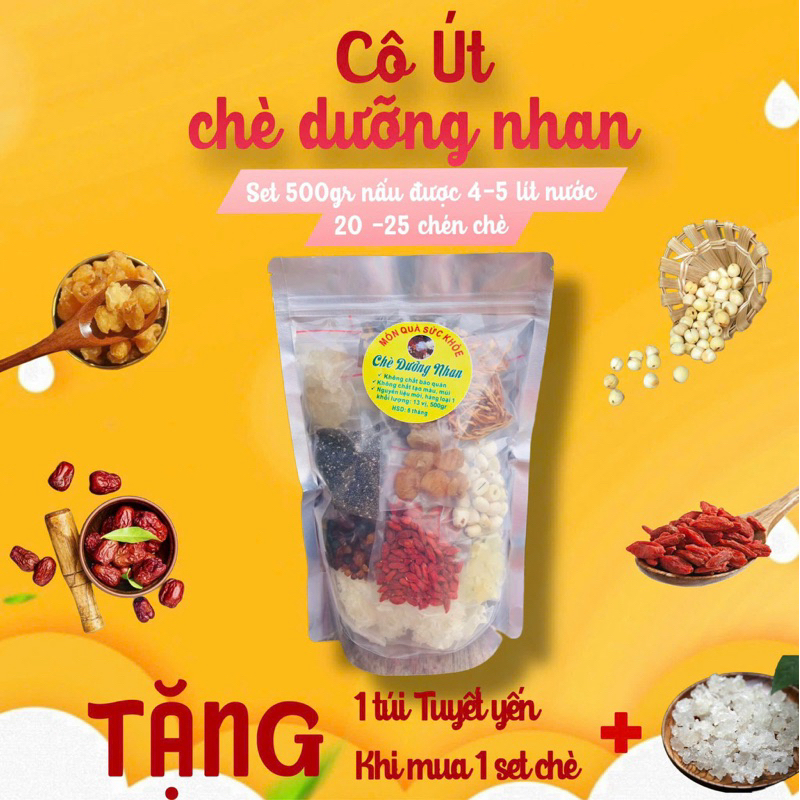 (SÉT ĐẠI 500gr) Chè dưỡng nhan 14 vị full topping -cô út chè dưỡng nhan - nấu được 25 chén, Tặng 1 túi tuyết Yến