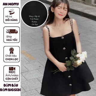 (CÓ BIGSIZE/❤️BẦU- 90kg)AM60 Váy 2 dây quai phối xích sang chảnh bầu bí bon chen-babydoll-An Momy- Váy bầu