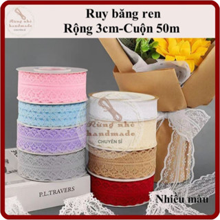 Ruy băng ren, rộng 3cm dài tầm 45 mét, nhiều màu sắc làm phụ kiện, gói quà, thủ công