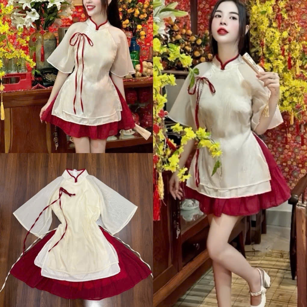 Sét váy cách tân đính nơ kèm chân váy đỏ dáng xoè chât voan tơ 2 lớp, Áo dài cách tân nữ dáng ngắn