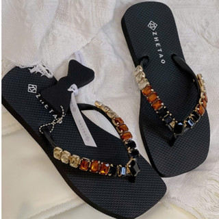 Dép Kẹp Nữ Xỏ Ngón Mũi Vuông Quai Đính Đá ZHETAO Đế Bệt Cao Su Mềm Hàng Hộp - Dép Lê Đính Đá TL018