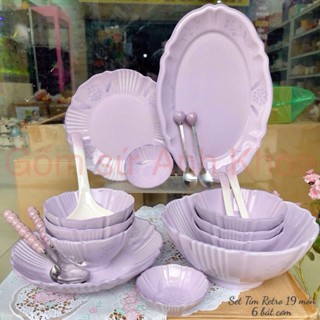Bộ Bát Đĩa Gốm Sứ Decor, Bát Ăn Cơm, Bát Ăn Chè, Bộ Bát đĩa hoạ tiết tím Rotro cực sang chảnh cho gia đình Gomsudecor21