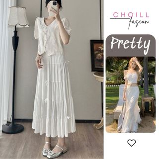 Chân váy midi ullzzang dài dáng xòe 5 tầng đính nơ dịu dàng nữ 2024 có quần bảo hộ dáng bồng bềnh xếp ly Free Size 19C