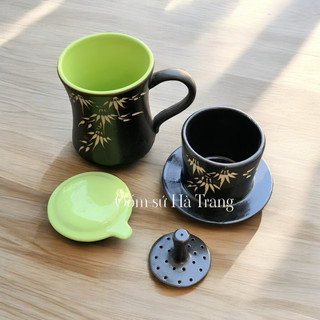 Phin pha cafe gốm sứ Bát Tràng khắc thủ công  hoạ tiết trúc