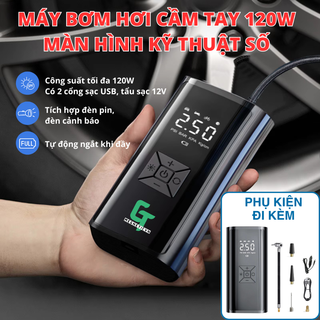 Máy Nén Khí Cầm tay 3 in 1 Công Suất 120W Bơm lốp Ô Tô, Xe Máy, Xe Đạp, bóng