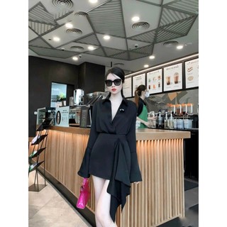 Set đầm váy nữ áo cổ V tay dài đính phụ kiện mix chân váy chữ A đính tà sang chảnh
