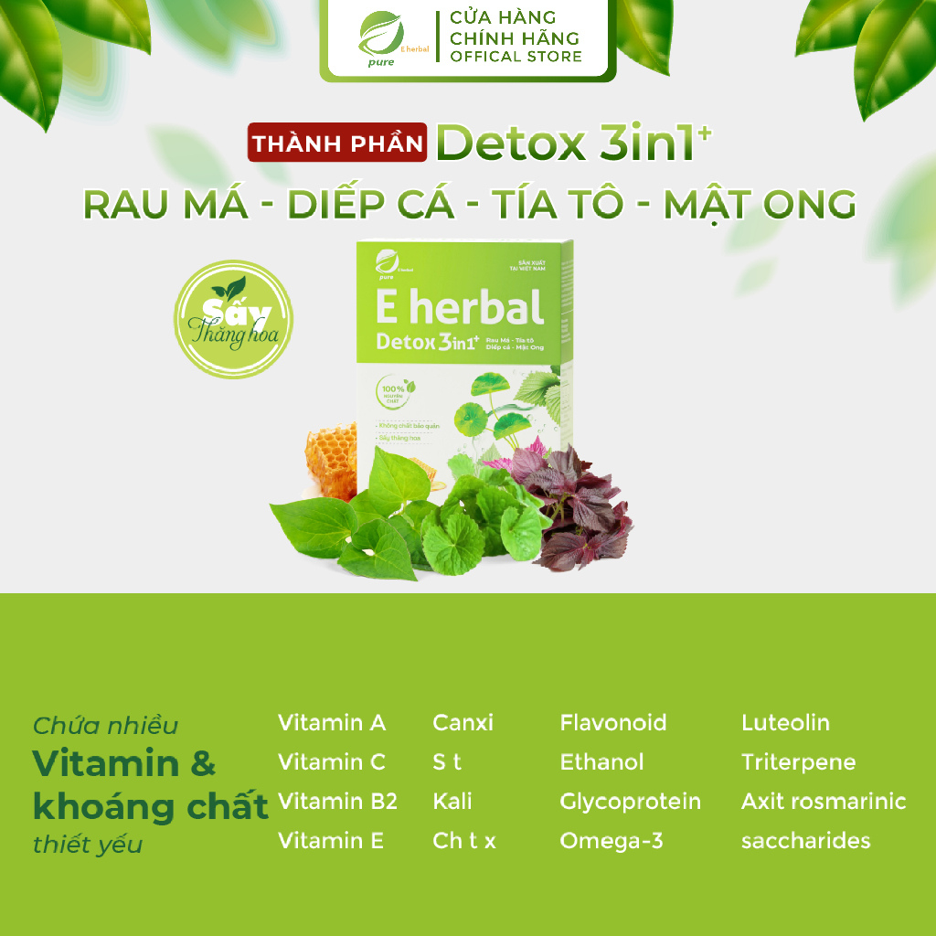 Combo 2 Hộp Detox 3 in 1+ (Rau má, diếp cá, Tía tô Mix mật ong) Sấy Thăng Hoa Eherbal - Hộp 21 gói