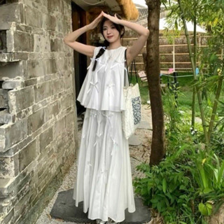  Set đầm babydoll áo ba lỗ đính nơ kèm chân váy nơ cực dễ thương cho nữ đi chơi dự tiệc phong cách tiểu thư sang trọng 