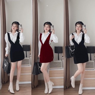 Đầm chữ a hàn quốc siêu đẹp, đầm tiểu thư cá tính mix sơ mi dài tay cực đẹp, chất vải nhung cứng lên form đẹp