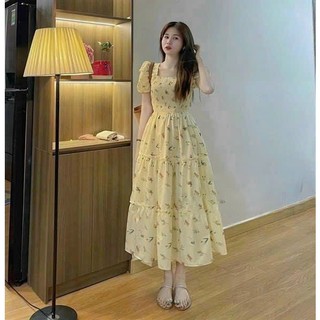 Đầm maxi nữ lụa hoa nhún ngực cổ vuông xòe 3 tầng siêu xinh phong cách tiểu thư