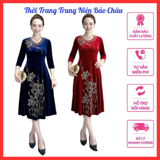  Đầm trung niên đi tiệc sang trọng dáng xoè lửng chất vải nhung ép đá cao cấp 