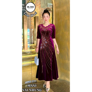 Đầm nhung dạ hội trung niên đi tiệc kết đá size lớn 75kg, Đầm dạ hội nhung trung niên đi tiệc kết đá bigsize 75kg