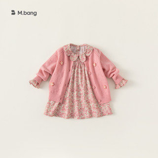 Set váy kèm áo len cho bé gái dài tay thu đông Mbang màu hồng xinh xắn, set váy cho bé gái Mbang hàng cổ hoa xinh xắn