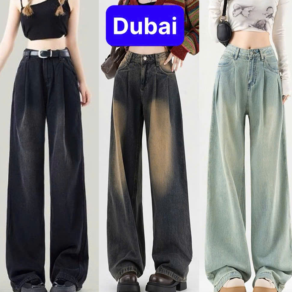 QUẦN JEANS ỐNG RỘNG NỮ XẾP EO NHÚN MÙA ĐÔNG PHONG CÁCH HOT TREND 2024 - DUBAI FASHION