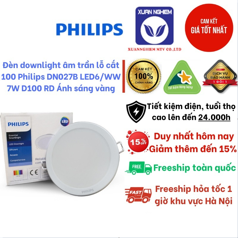 Đèn downlight âm trần lỗ cắt 100 Philips DN027B LED6/WW 7W D100 RD