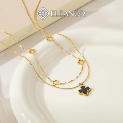 Dây chuyền layer nữ titan Eleanor Accessories hình cỏ 4 lá mặt lật phụ kiện trang sức 5439