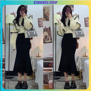 Set váy nữ - Áo thun tăm viền bèo mix với chấn váy đuôi cá dáng dài mềm mại thanh lịch nhẹ nhàng kingin22.shop A32