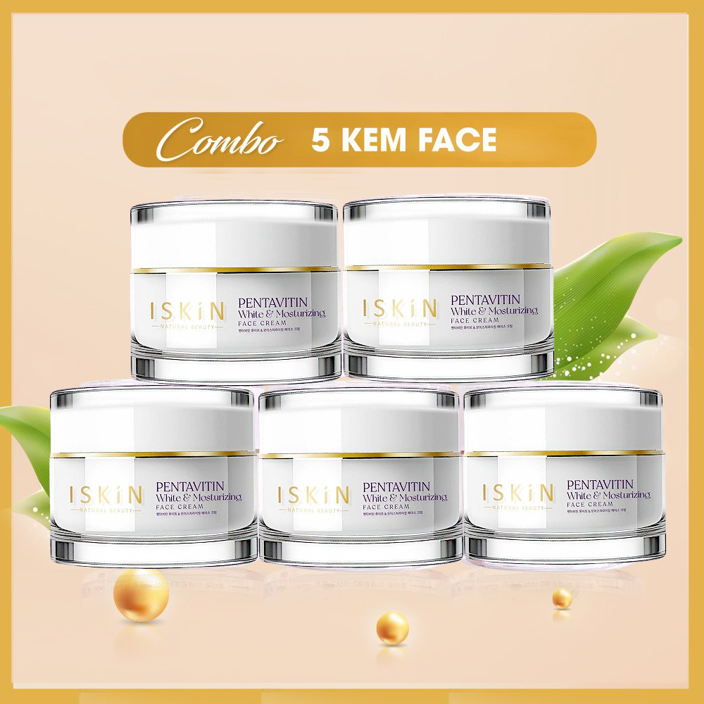 Combo 5 Hộp Kem Dưỡng Trắng Da Mờ Thâm Và Cấp Ẩm ISKIN NATURAL BEAUTY Pentavitin White & Moisturizin
