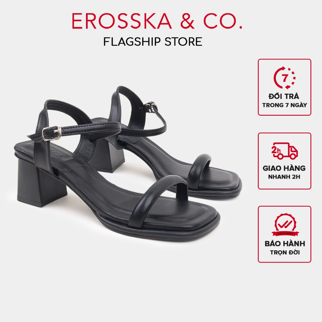 Erosska - Giày sandal cao gót mũi vuông quai dây phong cách thanh lịch màu đen cao 6cm - EM132