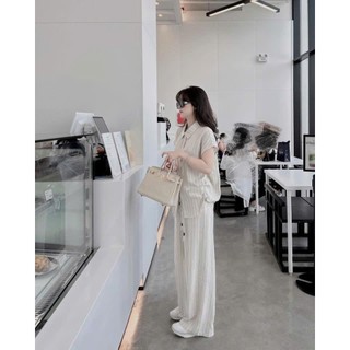 Set áo sơ mi đũi tay hến kẻ sọc phối quần xuông dáng dài by Charmie