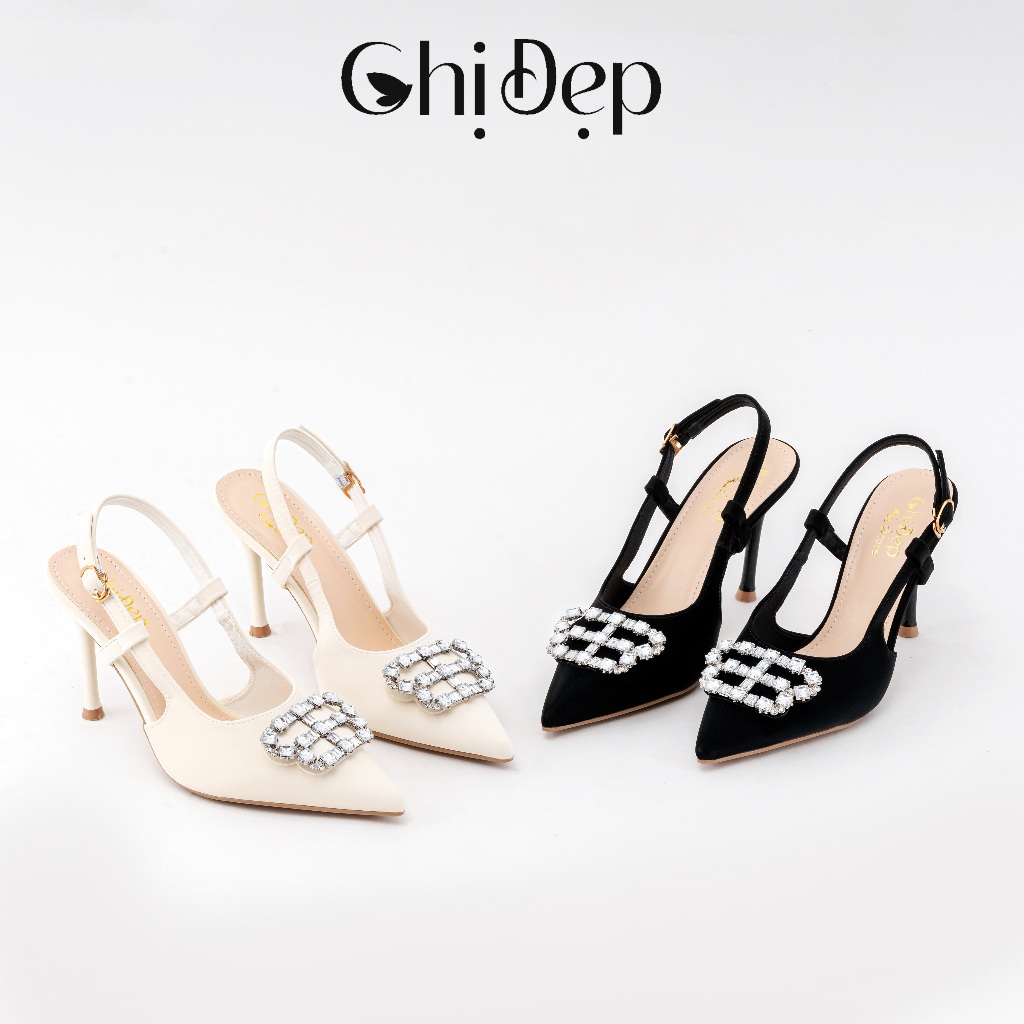 Giày cao gót bít mũi đá B to 9 phân Chị đẹp store, cao gót chất tuyết nhung đính đá 9 phân mã U90