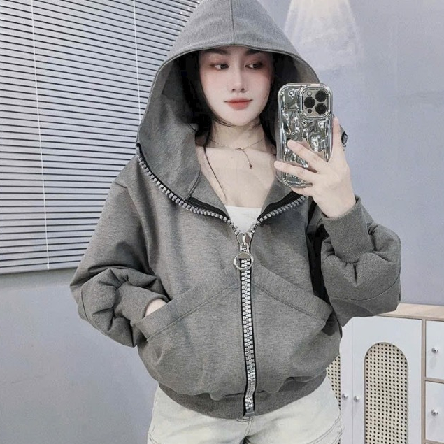 Áo khoác nỉ ngắn dây kéo to