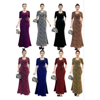 Đầm dạ hội trung niên đi tiệc dáng đuôi cá ôm chất thun nhũ dệt cổ nữ hoàng viền ngọc phối vạt đính hoa che bụng to 75kg