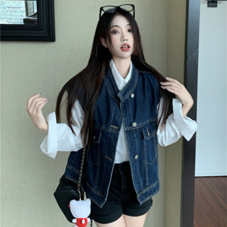 Áo khoác gile jean nữ form rộng đệm vai, khoát gile denim nữ retro Hàn Quốc 885