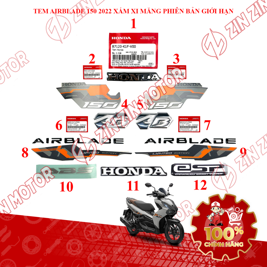 Tem AB 2020 Zin, Tem Rời Xe AirBlade 150 Xám Xi Măng (Xám Chuột) 2022 Phiên Bản Giới Hạn Chính Hãng 