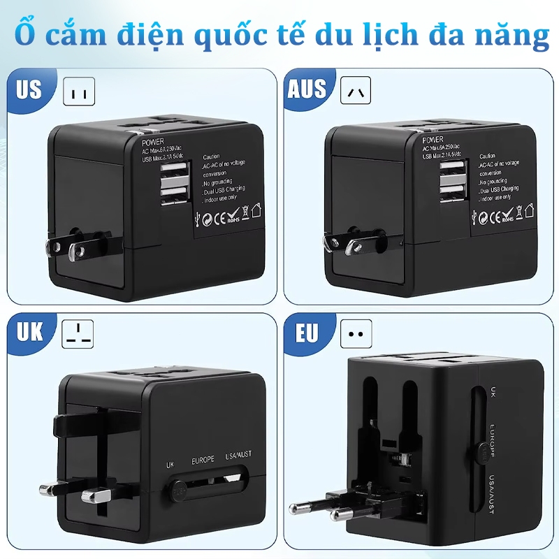 Ổ Cắm Điện Du Lịch Bộ Sạc Nhanh 1500W Ổ cắm điện du lịch Củ Sạc Đa Năng 2 Cổng USB ổ điện EU/Anh/Mỹ/