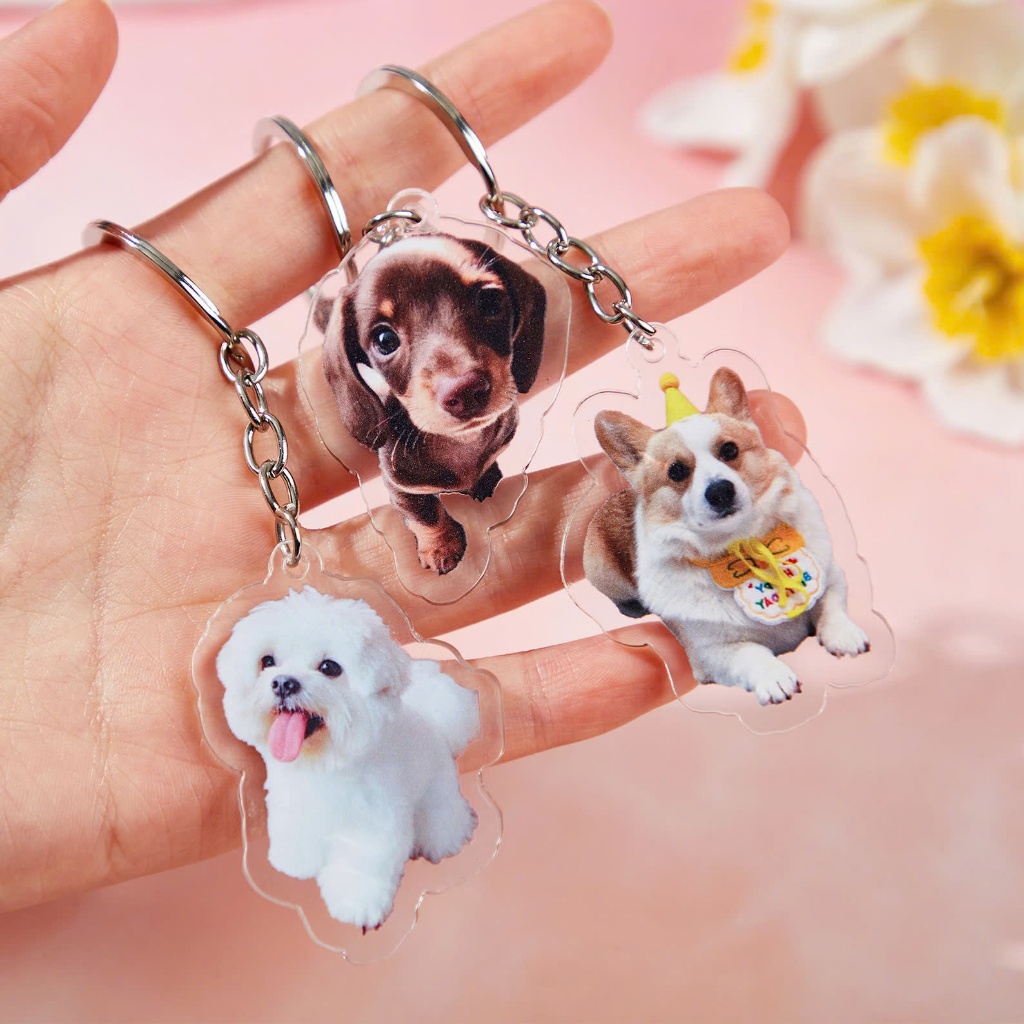 Móc khoá mica in hình cá nhân, thú cưng theo yêu cầu - thiết kế miễn phí - in mica 2 mặt