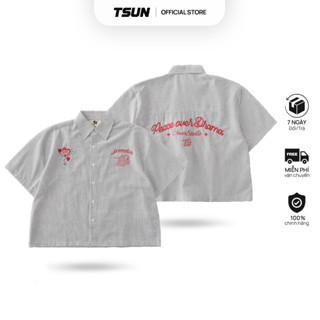 Áo Sơ Mi Trái Tim Sọc Đen Trắng Chi tiết Thêu - Brand TSUN Chính Hãng Lovemotion UNISEX, Vải Oxford, Boxy, Streetwear