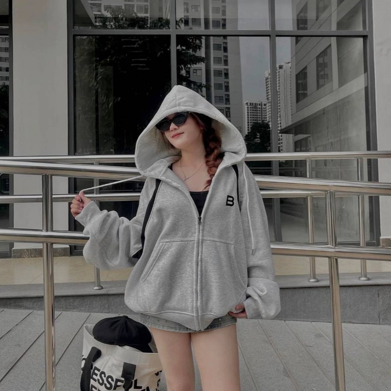 Áo Khoác Hoodie Zip Belly Bear Form Boxy Thêu Họa Tiết Chữ B Trước Ngực thời trang hot