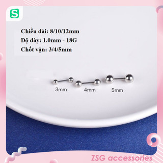   Set 2 chiếc  Khuyên tai   mũi   môi cơ bản hình quả tạ thân nhỏ 18G - 1.0mm màu Bạc dài 8mm   10 mm   12mm 