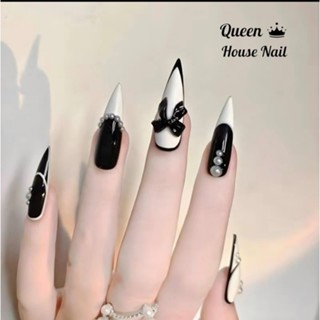 Nailbox dài nhọn đính đá đính nơ, Móng tay giả dài nhọn màu trắng đen, Nail giả thiết kế