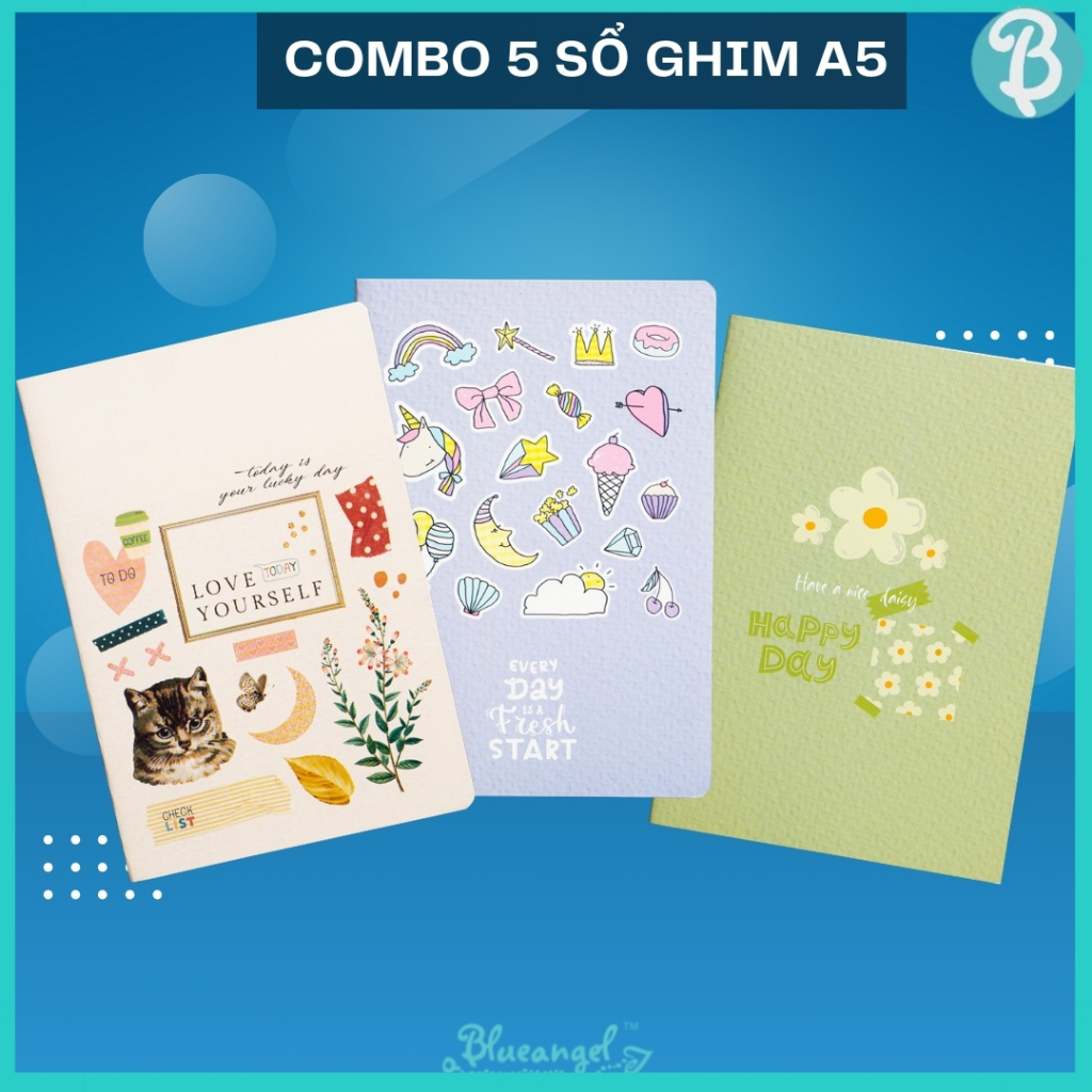 Combo 05 sổ tay ghim TEE-VM (kẻ ngang, caro, chấm dot, weekly, daily) - Blueangel