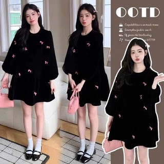 (HÀNG SẴN) Váy nhung đen đính nơ hồng cộc tay xòe babydoll điệu đà tiểu thư đáng yêu hàng Quảng Châu loại 1