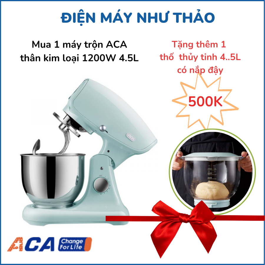 Máy trộn bột ACA 5L 1200W - Thân kim loại chắc chắn- toàn bộ phụ kiện là inox 304