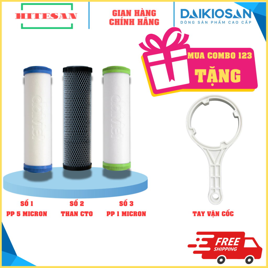 Bộ lõi lọc thô 1 2 3 loại 10 inch dùng cho máy lọc nước RO Đại Việt, Daikiosan và máy lọc các hãng
