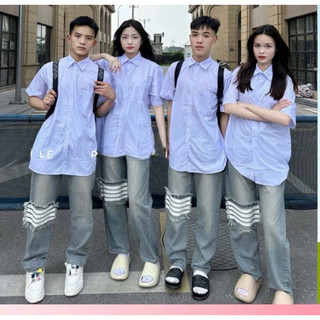 Quần Jean Kẻ 4 Vạch Gối - Quần Bò Ống Suông Rộng Chất Đẹp Nam Nữ