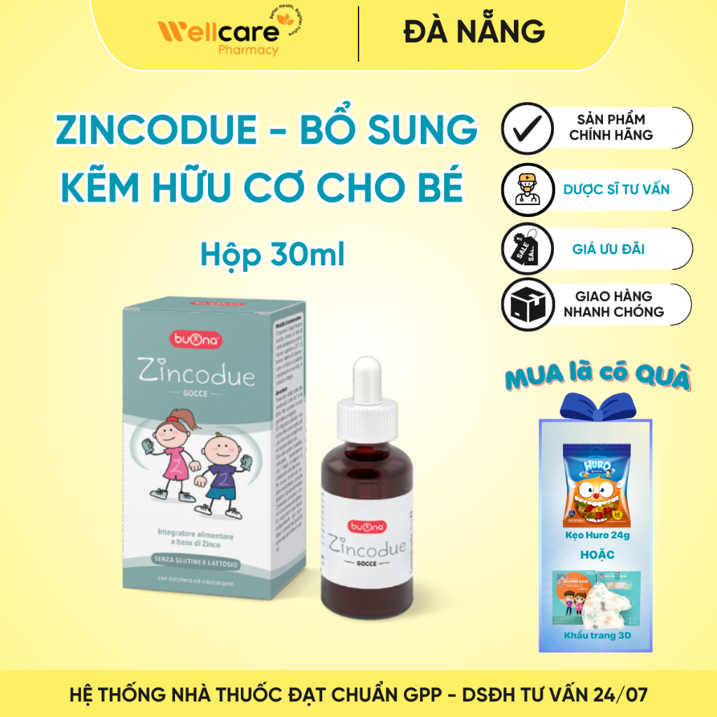 Zincodue Buona[ Chính hãng] - Hộp 30ml- Bổ sung kẽm hữu cơ Bisglycinate tăng sức đề kháng và khả năng chuyển hóa cho bé