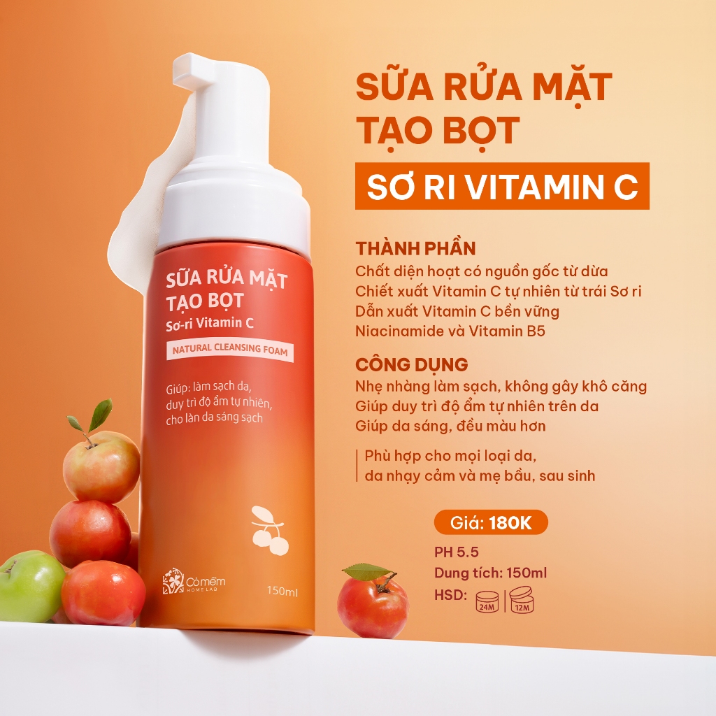 Sữa Rửa Mặt Tạo Bọt Vitamin C Chiết Xuất Sơ Ri Giúp Làm Sạch Da Duy Trì Độ Ẩm Cho Da Sáng Sạch Mịn Màng Cỏ Mềm 150ml