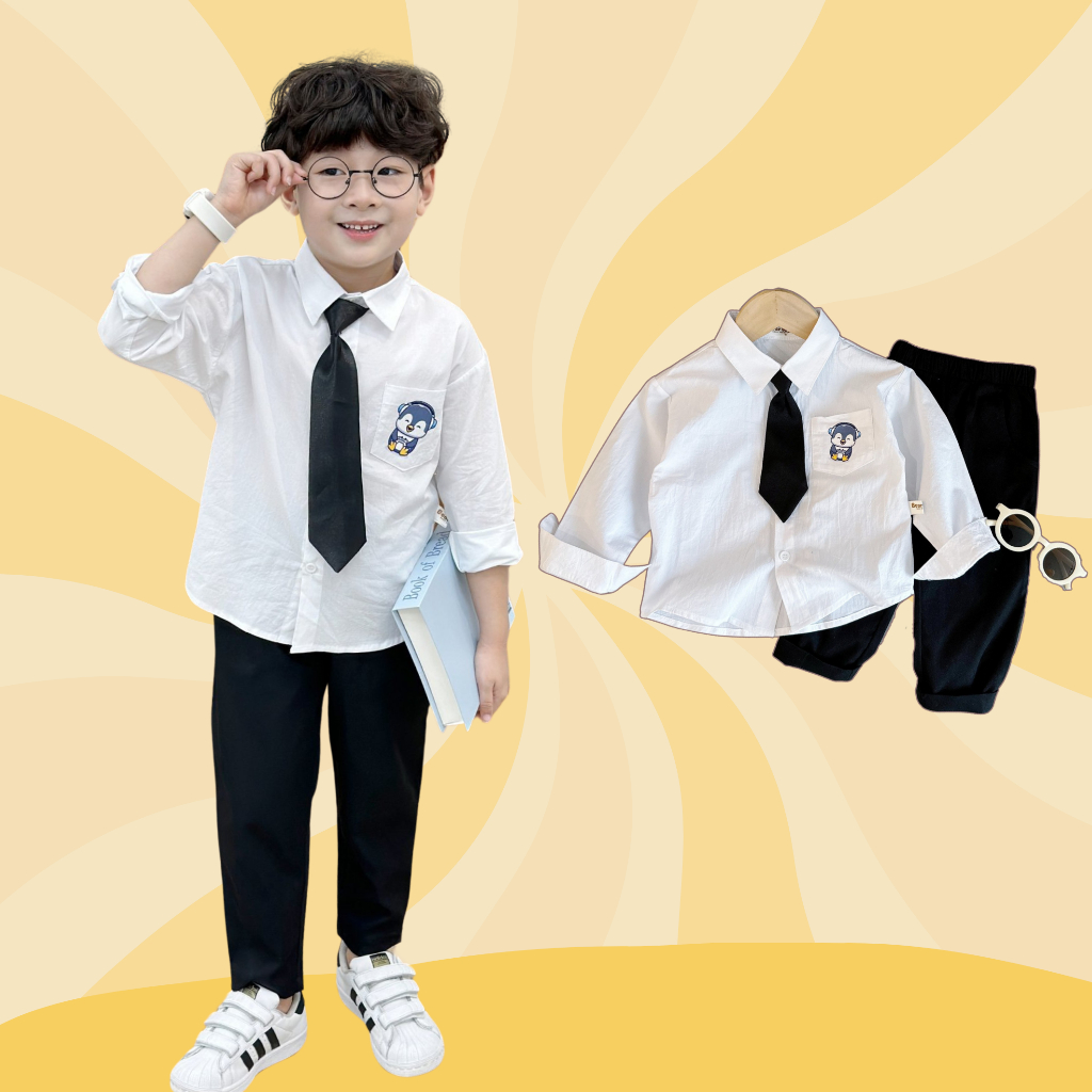 BE207 Bộ áo sơ mi quần dài kaki BEARLOVE, quần áo bé trai có cà vạt phong cách Hàn đáng yêu [9-27kg]