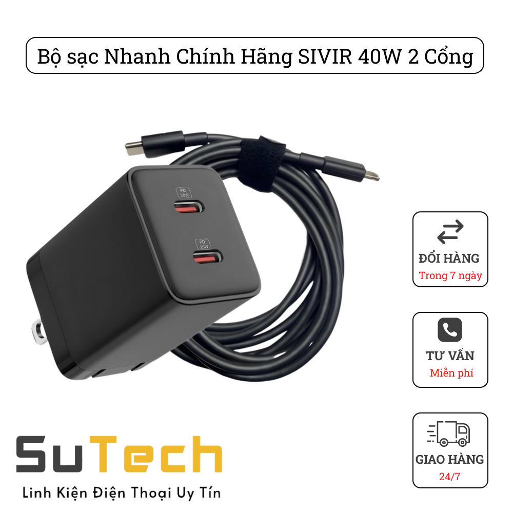 Bộ sạc Nhanh Chính Hãng 40W 2 Cổng C to L - C to C Gồm 1 Củ Sạc và 1 Cáp Sạc, Củ Sạc Nhanh 40W 2 Cổn