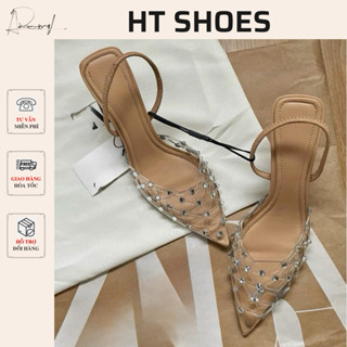  Giày cao gót Z mũi nhọn mica đính đá thoáng khí màu nâu phối quai chun đế cao 5cm Fullbox 7935 