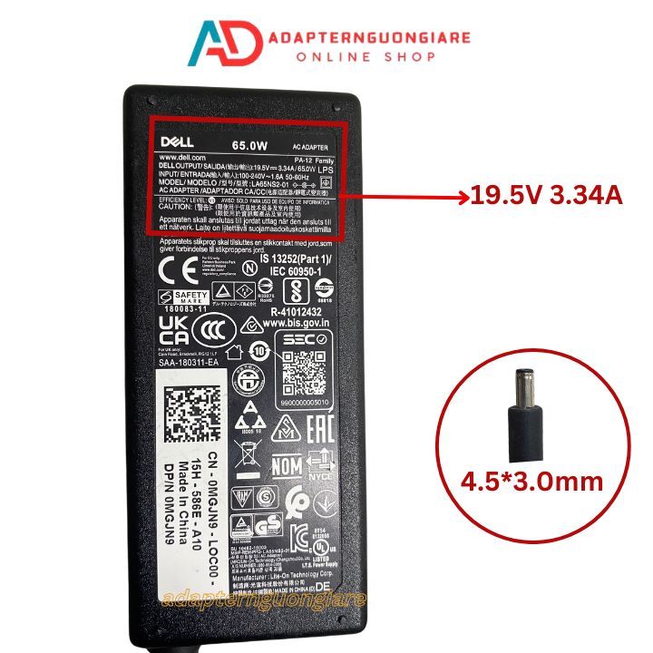 Sạc laptop DEll 19.5v 3.34A hàng bảo hành 1 năm