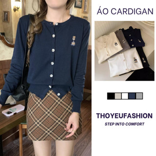  Áo Cardigan Len Nữ 7 Khuy Dài Tay Dáng Dài Thêu Gấu Tay Bo Ulzzang Hàn Quốc Khuy Nhám Màu 