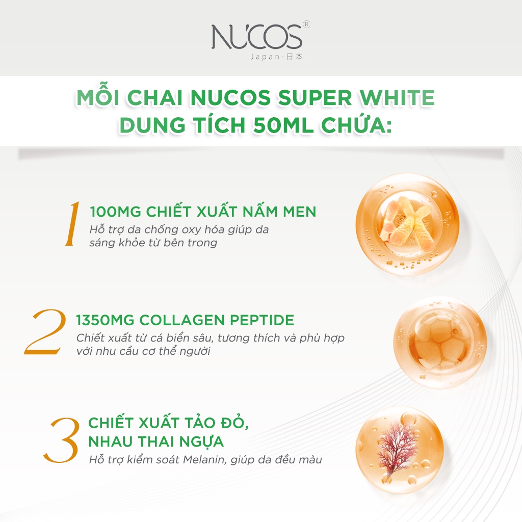 Collagen NUCOS Super White hỗ trợ làm trắng da, mờ thâm nám, giảm tàn nhang hộp 10 chai x 50 ml