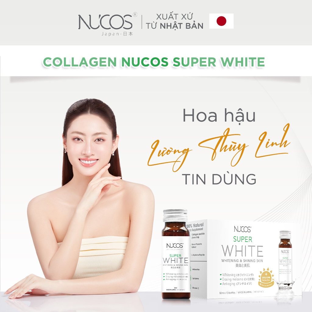 Collagen NUCOS Super White hỗ trợ làm trắng da, mờ thâm nám, giảm tàn nhang hộp 10 chai x 50 ml