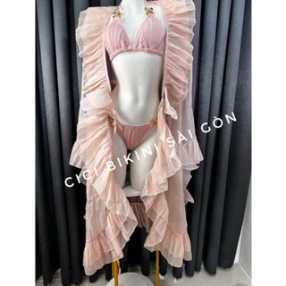 Áo choàng mặc ngoài bikini dáng dài màu hồng phấn chất vải voan tơ xếp li cao cấp hàng QC